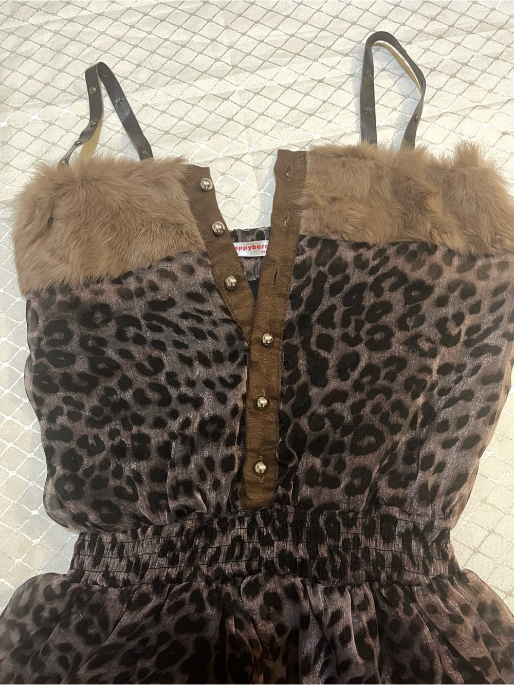 Happyberry Korea Brown Gold Black Leopard Dress /w Faux Fur Leather (LIKE-NEW) - Picture 13 of 15